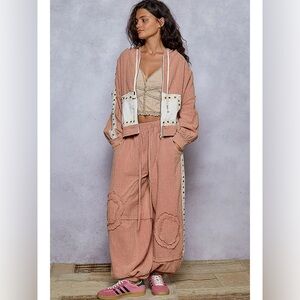 POL Pink Cotton Studded Jogger and Track Jacket Set